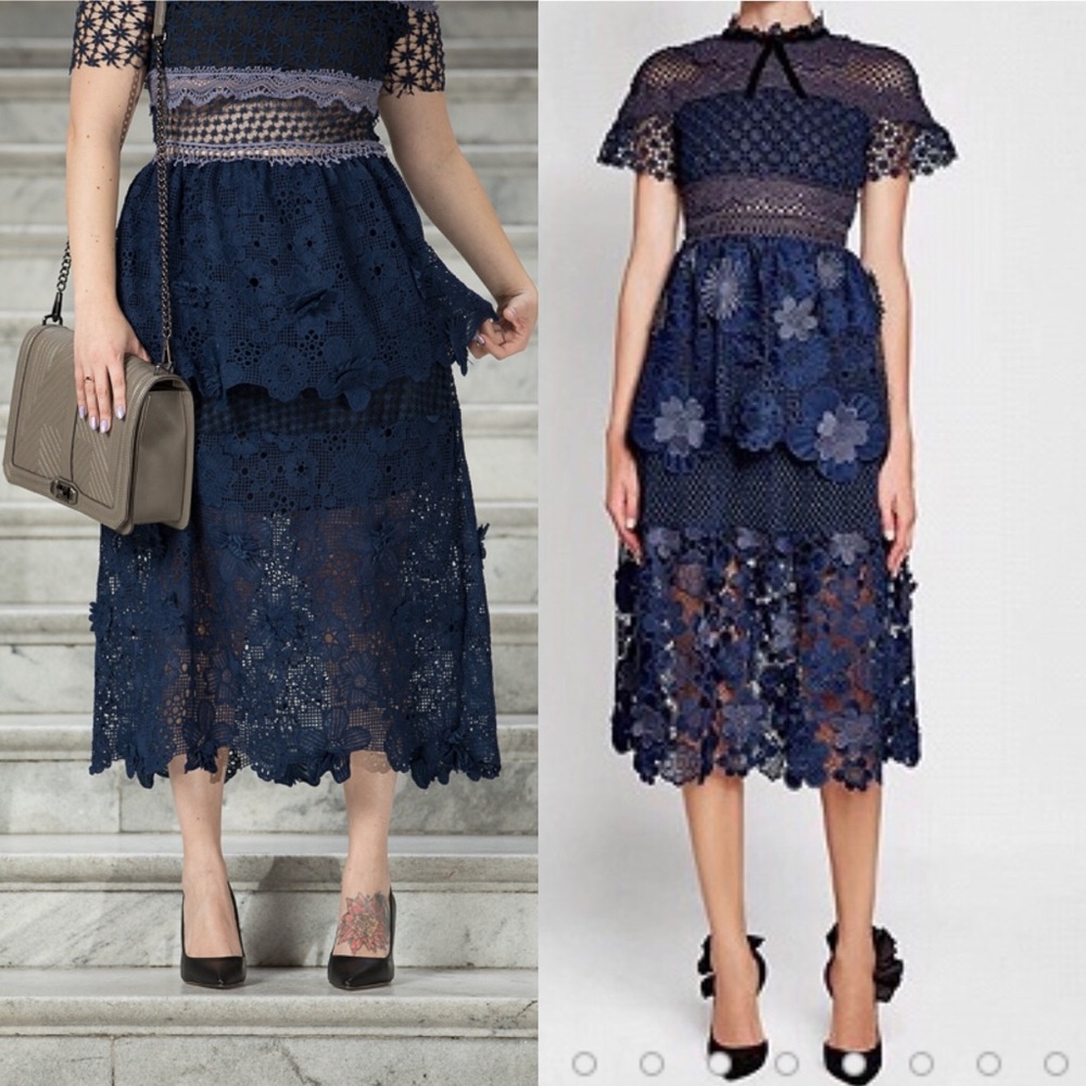 Navy Blue Mesh Panel 3D Floral Lace Dress